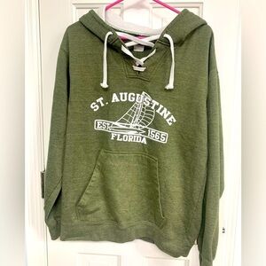 St Augustine, Florida hoodie, sage green w/decorative tie. Unisex Size M